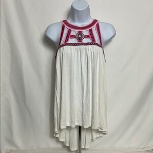 GB Size Small White Sleeveless Top with Pink Embroidery Open Back Tank Top